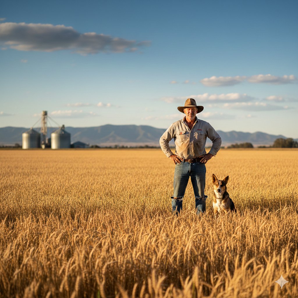 Australian farmer standing proudly in golden wheat field with his working dog, grain silos and mountains in the background